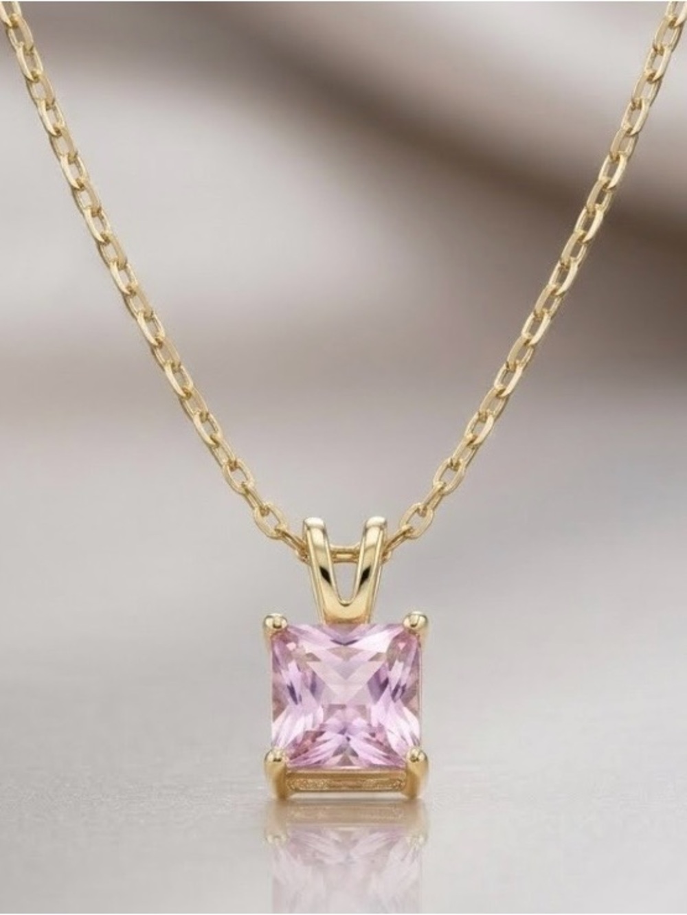 Gold Pendant with Pink Princess Cut CZ Gemstone & 18 Inch Chain